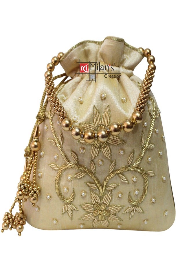 MILAN'S CREATION Golden Zardozi Work potli bags for Women Hand Embroidery Drawstring Potli Women's Handbag Purse With Pearl Handle & Tassel Purse (Gold) - Image 2